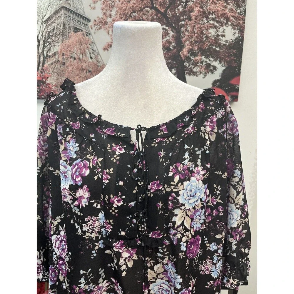 Woman Within Blouse 1X Floral Peasant Top Ruffle Neck Chiffon Boho Tunic sheer